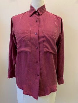 NO LABEL, Raspberry Pink, Silk, Solid, L/S, Button Front, Collar Attached, Chest Pockets, Washed