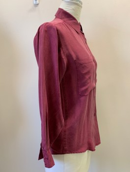 NO LABEL, Raspberry Pink, Silk, Solid, L/S, Button Front, Collar Attached, Chest Pockets, Washed