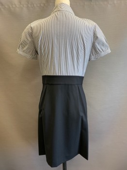 THEORY, Black, White, Wool, Spandex, Stripes, S/S, Button Front, Collar Attached, Side Pockets, Side Zipper