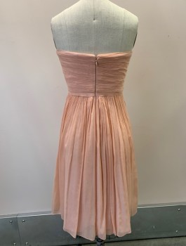 Womens, Cocktail Dress, J CREW, Ballet Pink, Silk, Solid, B:30, 2, W:24, Strapless, Crepe Chiffon, Rouched Bodice, Gathered Skirt, Inner Bust Support, Back Zipper, Invisible Zipper,