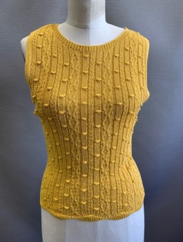 Womens, Top, ZARA, Mustard Yellow, Cotton, Polyamide, Solid, M, Bumpy Dotted Texture Knit, Sleeveless, Round Neck, Pullover, Fitted