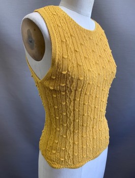 ZARA, Mustard Yellow, Cotton, Polyamide, Solid, Bumpy Dotted Texture Knit, Sleeveless, Round Neck, Pullover, Fitted