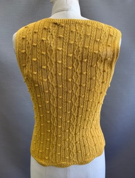 ZARA, Mustard Yellow, Cotton, Polyamide, Solid, Bumpy Dotted Texture Knit, Sleeveless, Round Neck, Pullover, Fitted