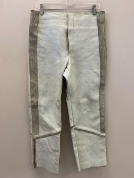 Mens, Sci-Fi/Fantasy Pants, NO LABEL, Off White, Gray, Leather, Solid, 32/29, F.F, Ribbed Sides, Back Waist Piping, Zip Front, Zippers On Bottom Legs, Aged, Made To Order,