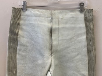 Mens, Sci-Fi/Fantasy Pants, NO LABEL, Off White, Gray, Leather, Solid, 32/29, F.F, Ribbed Sides, Back Waist Piping, Zip Front, Zippers On Bottom Legs, Aged, Made To Order,