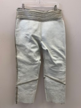 NO LABEL, Off White, Gray, Leather, Solid, F.F, Ribbed Sides, Back Waist Piping, Zip Front, Zippers On Bottom Legs, Aged, Made To Order,
