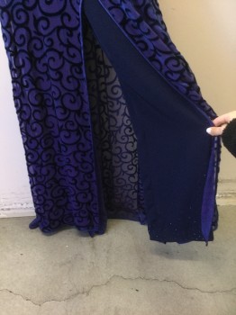 Womens, Evening Gown, N/L MTO, Purple, Synthetic, Beaded, Novelty Pattern, W 25, B 31, H:35, Velvet Swirls, Triple Spaghetti Straps, Built in Corset, Slit at Center Front Hem