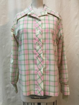 COLLECTABLES, Cream, Lt Pink, Green, Cotton, Synthetic, Plaid, Cream/ Lt Pink/ Green Plaid, Button Front, Collar Attached, Long Sleeves,