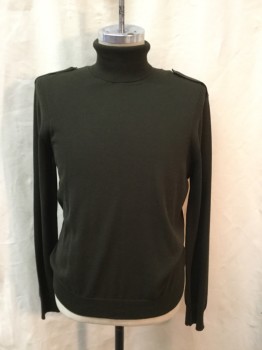Mens, Pullover Sweater, KENNETH COLE, Dk Olive Grn, Silk, Cotton, Solid, M, Turtleneck, Epaulets, Long Sleeves, Rib Knit Arms Eyes
