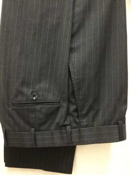 Mens, Suit, Pants, BROOKS BROTHERS, Charcoal Gray, Lt Gray, Wool, Stripes - Vertical , 30, 33, Flat Front, 4 Pockets,