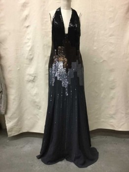 Womens, Evening Gown, VERSACE, Gray, Black, Brown, Silver, Sequins, Polyester, Xs, Halter, Shinny Black, Brown, & Grey Sequin Upper, Polyester Chiffon Lower