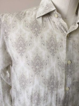 TALLIA, Cream, Gray, Medium Gray, Cotton, Novelty Pattern, Sheer Lt Print, Button Front, Collar Attached, Long Sleeves