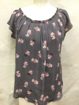 Womens, Blouse, LAUREN CONRAD, Gray, Pink, Lt Beige, Off White, Mauve Pink, Polyester, Floral, Dots, M, Pleat Scoop Neck, Cap Sleeves, Key Hole Back W/self Bow Tie