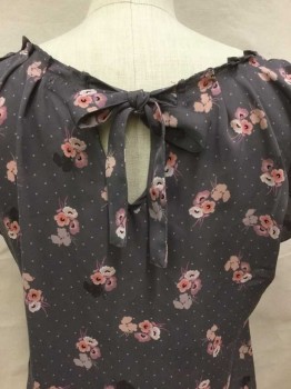 Womens, Blouse, LAUREN CONRAD, Gray, Pink, Lt Beige, Off White, Mauve Pink, Polyester, Floral, Dots, M, Pleat Scoop Neck, Cap Sleeves, Key Hole Back W/self Bow Tie