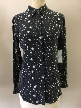 EQUIPMENT, Black, White, Silk, Stars, Black, White Star Print, Button Front, Collar Attached, Long Sleeves,