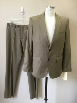 Mens, Suit, Jacket, ZARA, Lt Brown, Wool, Solid, 44R, Single Breasted, Collar Attached, Notched Lapel, 2 Buttons,  3 Pockets, Hand Picked Collar/Lapel