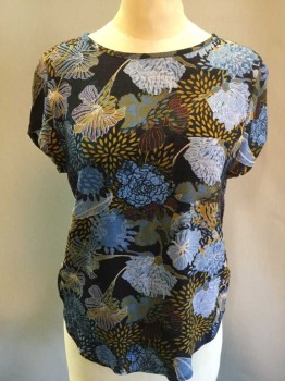 H & M, Black, Lt Blue, Cream, Mustard Yellow, Wine Red, Synthetic, Floral, Floral, Black W/large Light Blue, Mustard, Wine Cream Outline Floral Print, Thin Band Round Neck, Key Hole Back with 1 Button,  Cap Sleeves, 1 Pocket, Uneven Hem