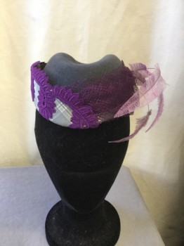 MTO, Gray, Purple, Lavender Purple, Wool, Silk, Solid, Plaid, Hat - Tulle Bow With Silver Star Brooch In Back