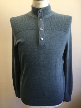Mens, Pullover Sweater, BANANA REPUBLIC, Slate Blue, Wool, Acrylic, Solid, L, Knit, Stand Collar, Half Zip with 4 Snap Closures, Long Sleeves, Rib Knit at Shoulders/Neck, Cuffs and Waistband