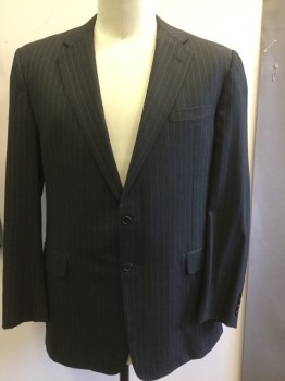 Mens, Suit, Jacket, HICKEY FREEMAN, Charcoal Gray, Lt Gray, Wool, Stripes - Static , 46 L, Charcol with Static Pinstripe, 2 Button Front, Pocket Flaps , Notched Lapel,