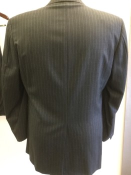 Mens, Suit, Jacket, HICKEY FREEMAN, Charcoal Gray, Lt Gray, Wool, Stripes - Static , 46 L, Charcol with Static Pinstripe, 2 Button Front, Pocket Flaps , Notched Lapel,