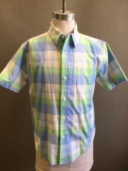 JANIE & JACK, French Blue, Lemon Yellow, White, Green, Cotton, Plaid, Button Front, Collar Attached, Short Sleeves, 1 Pocket, Preppy