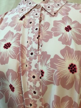 KATE SPADE, White, Mauve Purple, Hot Pink, Pink, Silk, Viscose, Floral, White, Mauve/ Hot Pink/ Black Floral Print, Button Front, Collar Attached, Sleeveless, Drawstring Waist