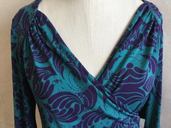 Womens, Top, SOFIA VERGARA, Teal Green, Purple, Polyester, Spandex, Novelty Pattern, M, Overlap Gathered V-neck, Side Gathered,  3/4 Sleeves,