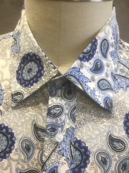DAVID SMITH, White, Royal Blue, Lt Blue, Black, Cotton, Paisley/Swirls, Long Sleeve Button Front, Collar Attached