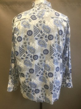 DAVID SMITH, White, Royal Blue, Lt Blue, Black, Cotton, Paisley/Swirls, Long Sleeve Button Front, Collar Attached