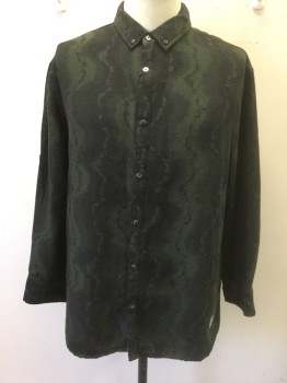 A.TIZIANO, Dk Green, Black, Cotton, Abstract , Thick Cotton Flannel, Long Sleeve Button Front, Collar Attached, Button Down Collar