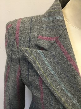 BELLA FREUD, Heather Gray, Pink, Navy Blue, Lt Blue, Yellow, Wool, Stripes - Vertical , Heather Gray with Multi Color Stripe, Button Front, Collar Attached, Peaked Lapel, 2 Flap Pockets,