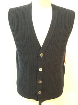 Mens, Sweater Vest, CARROLL & CO., Navy Blue, Cashmere, Solid, Cable Knit, 40, Button Front, V-neck,