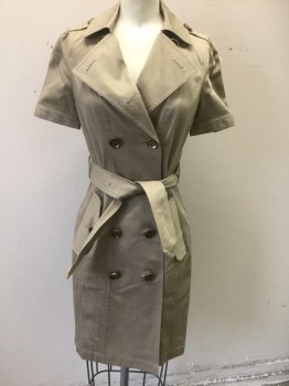 Womens, Dress, Short Sleeve, BURBERRY, Khaki Brown, Cotton, Polyester, Solid, W:26, B:32, Twill, Double Breasted with Gold Buttons, Puffy Short Sleeves, Collar Attached, Styled Like a Trench Coat, 2 Pockets, Epaulettes at Shoulders, Hem Above Knee,  Belt Loops, **2 Piece with Matching Fabric Sash BELT