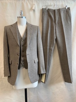 Mens, Suit, Jacket, GIVENCHY, Mushroom-Gray, Wool, Heathered, 36 R, Notched Lapel, Collar Attached, 3 Pockets, 3 Buttons, 1970's