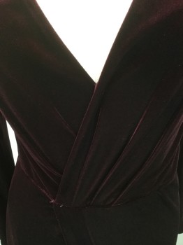 Womens, Cocktail Dress, H&M , Wine Red, Polyester, Elastane, Solid, S, Velvet, Crossover Bust with Pleating at Waist, Long Sleeves, Wrap Look