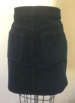 Womens, Skirt, Mini, MOTHER, Navy Blue, Cotton, Elastane, Solid, W:25, Dark Navy Corduroy, Button Front, 2 Patch Pockets at Hips, 2 Pockets in Back