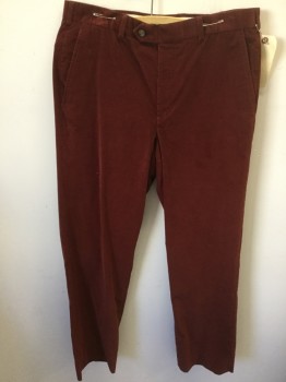 Mens, Casual Pants, BROOKS BROTHERS, Maroon Red, Cotton, 36/32, Flat Front, Button Tab, Corduroy,