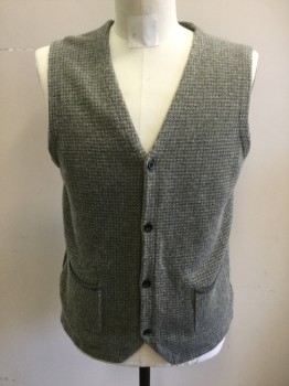 Mens, Sweater Vest, MASSIMO DUTTI, Avocado Green, Gray, Wool, Cashmere, Houndstooth, L, Button Front, 2 Patch Pockets, Back Solid Gray Waffle Knit