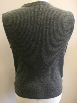 Mens, Sweater Vest, MASSIMO DUTTI, Avocado Green, Gray, Wool, Cashmere, Houndstooth, L, Button Front, 2 Patch Pockets, Back Solid Gray Waffle Knit