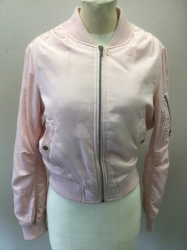 Womens, Casual Jacket, AQUA, Baby Pink, Polyester, Solid, M, Zip Front, 3 Pockets, One of Them on the Left Sleeve, Rib Knit Collar/Cuffs?waist, Bomber Style