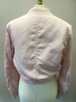 Womens, Casual Jacket, AQUA, Baby Pink, Polyester, Solid, M, Zip Front, 3 Pockets, One of Them on the Left Sleeve, Rib Knit Collar/Cuffs?waist, Bomber Style