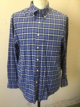 Mens, Casual Shirt, IZOD, Blue, White, Black, Gray, Cotton, Plaid, Plaid-  Windowpane, M, Long Sleeve Button Front, Collar Attached, Button Down Collar, 1 Pocket, Double,