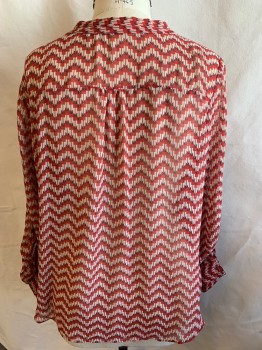 ANA, Tan Brown, Burnt Orange, Off White, Brown, Black, Polyester, Stripes - Vertical , Zig-Zag , Sheer, Crew with V-neck, Brass Button Front, Long Sleeves with Short Belt, Curved Hem