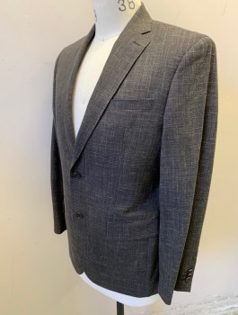 JOHN VARVATOS, Espresso Brown, White, Wool, Silk, Heathered, Single Breasted, Notched Lapel, 2 Buttons, 3 Pockets, Solid Dark Brown Lining