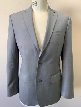BAR III, Lt Gray, Wool, Polyester, Solid, Slim Fit, Single Breasted, Notched Lapel, 2 Buttons, 3 Pockets, Double Back Vent