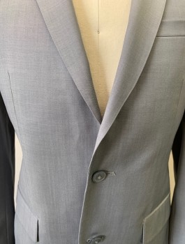 BAR III, Lt Gray, Wool, Polyester, Solid, Slim Fit, Single Breasted, Notched Lapel, 2 Buttons, 3 Pockets, Double Back Vent