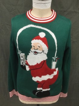 Mens, Pullover Sweater, TIPSY ELVES, Dk Green, Red, White, Acrylic, Holiday, Novelty Pattern, L, Dark Green with Red/White Stripe Trim, Santa Holding Milk in Kardashian Way, Ribbed Knit Crew Neck/Waistband/Cuff