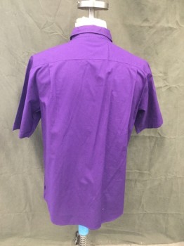 SEAN JOHN, Violet Purple, Cotton, Solid, Button Front, Collar Attached, 2 Flap Pockets, Black Chevron Below Left Pocket, Short Sleeves,
