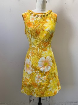 TIZZIE, Yellow, Orange, Turmeric Yellow, Cotton, Floral, Scoop Neck, Sleeveless, Drop Braided Knots From Neck, Zip Back, Knee Length,